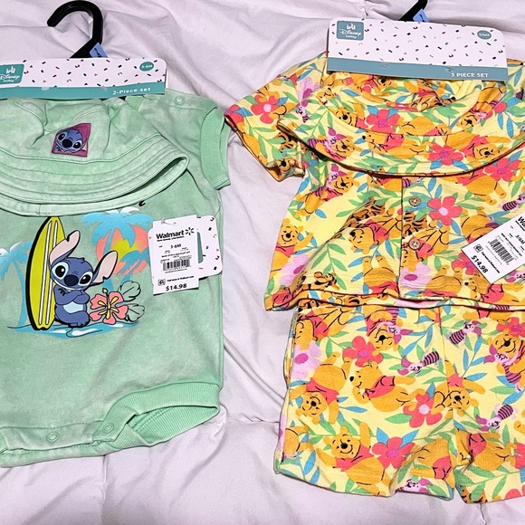 Disney Green Stitch Onesie and Yellow Pooh Floral Set - Picture 1 of 3